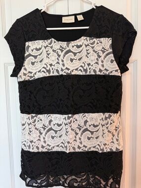 Chico's Black and White Lace Striped Tee